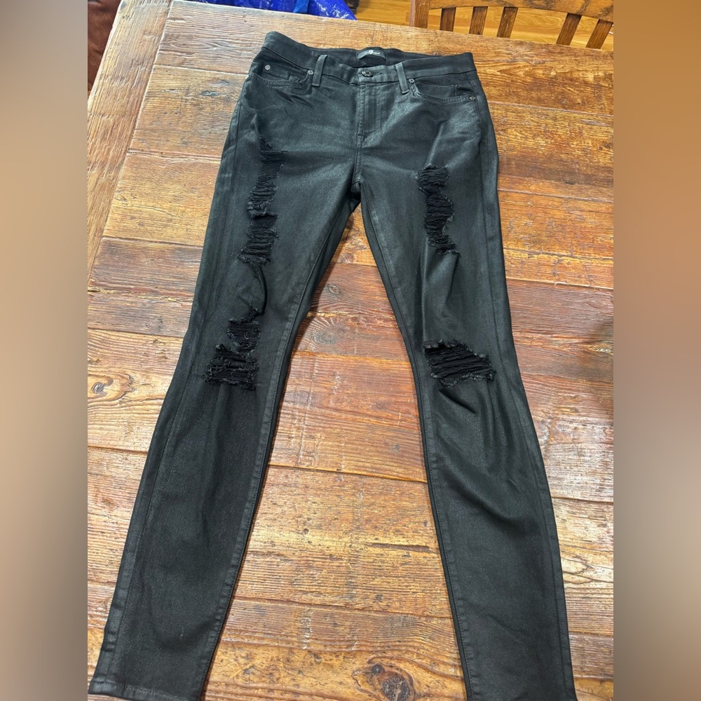 7 For All Mankind Black shimmer Distressed Skinny Jeans women’s size 29